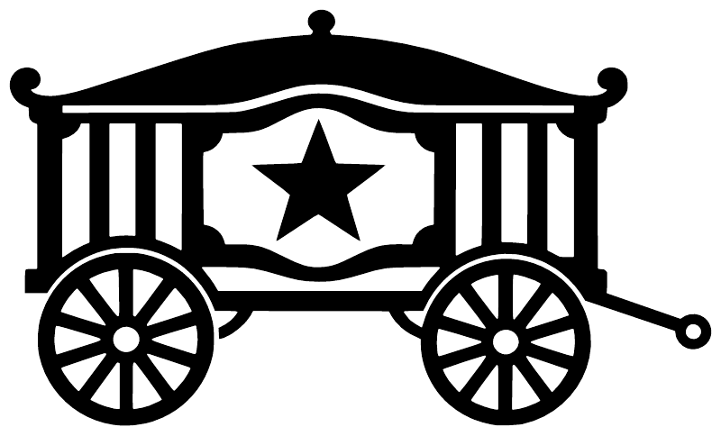 Circus wagon profile vinyl decal, front wagon view with star flag and spoked wheels