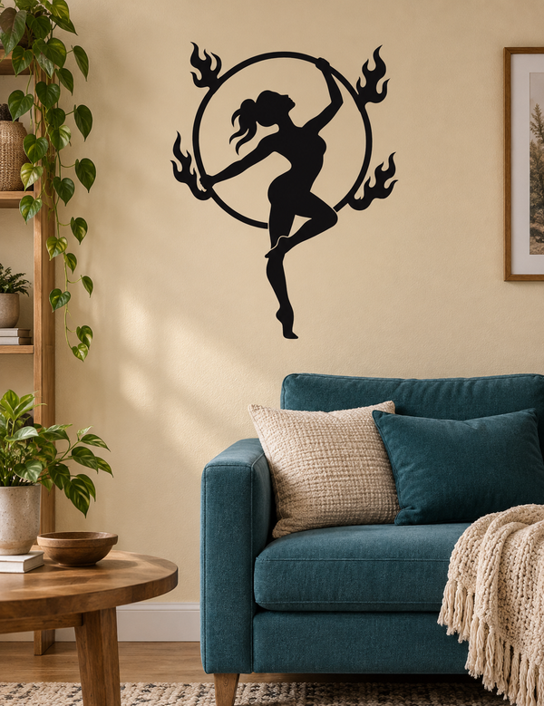 Black fire hoop performer vinyl decal silhouette with circular hoop and flame accents