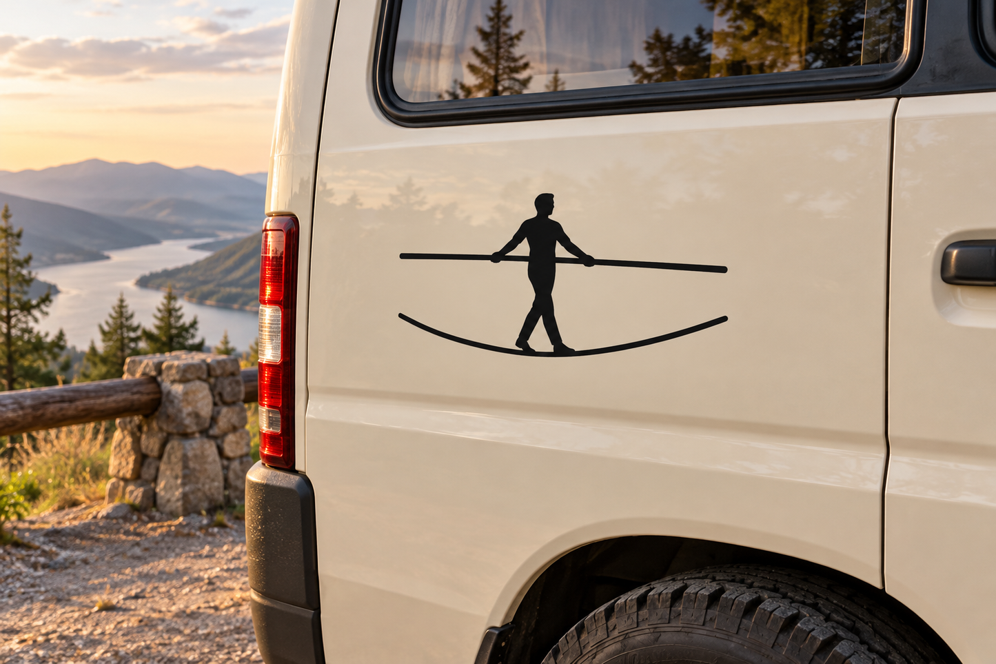 Black tightrope walker vinyl decal on a light vehicle panel