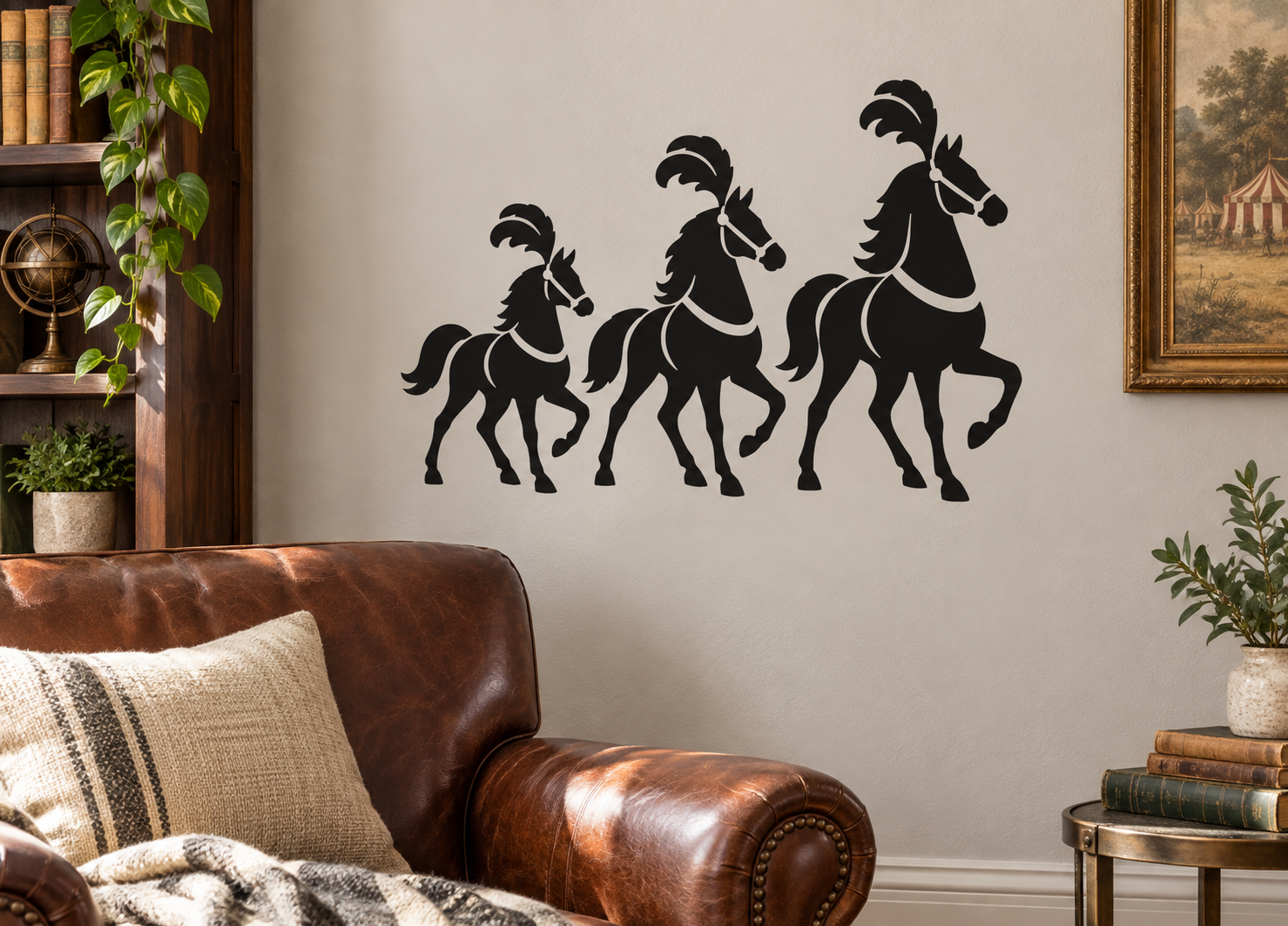 Circus horse parade vinyl wall decal with three black horse silhouettes