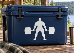 Strongman with barbell vinyl decal, white figure on dark blue cooler