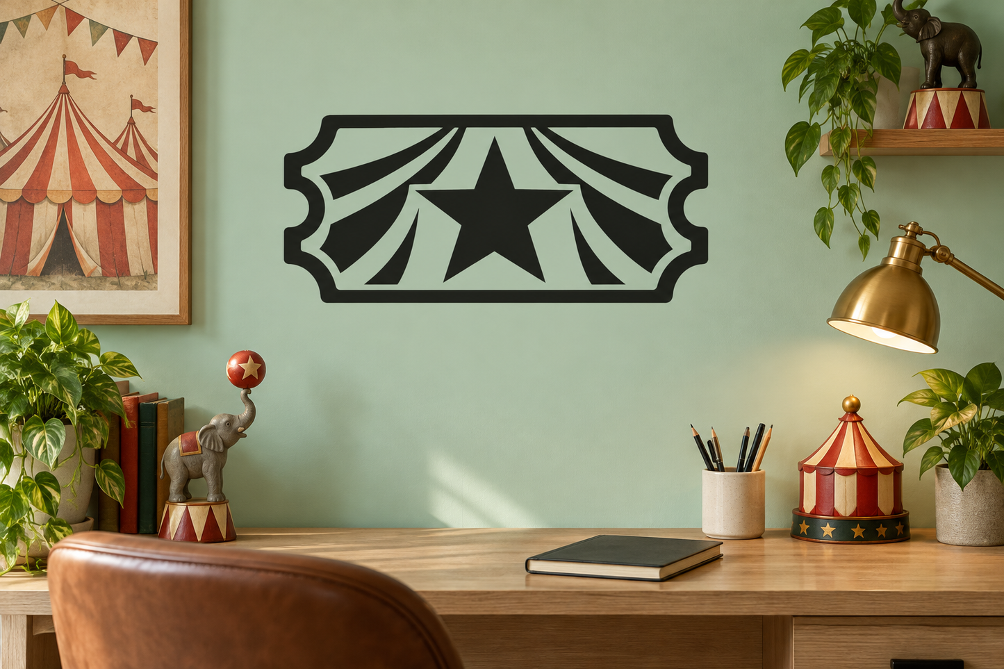 Circus ticket star vinyl wall decal, black and white circus tent border with center star