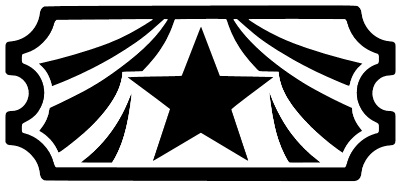 Circus ticket star vinyl decal, black ticket shape with circus tent lines and central star