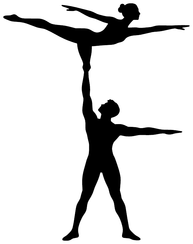 Black vinyl decal of two acrobats balancing: overhead extended pose and supporting partner