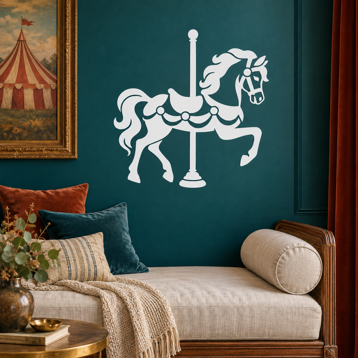 White carousel horse vinyl decal with center pole and dangling ornaments