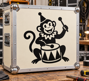 Circus monkey drum vinyl decal showing cartoon monkey playing a barrel drum