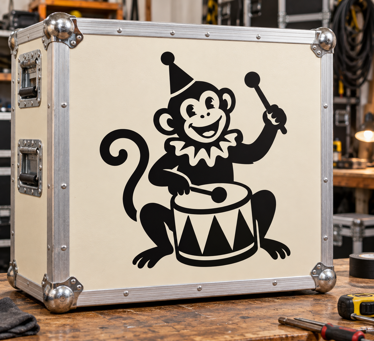 Circus monkey drum vinyl decal showing cartoon monkey playing a barrel drum
