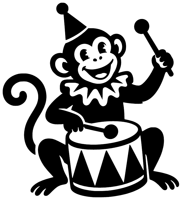 Circus monkey drummer vinyl decal with black monkey silhouette and raised drumsticks