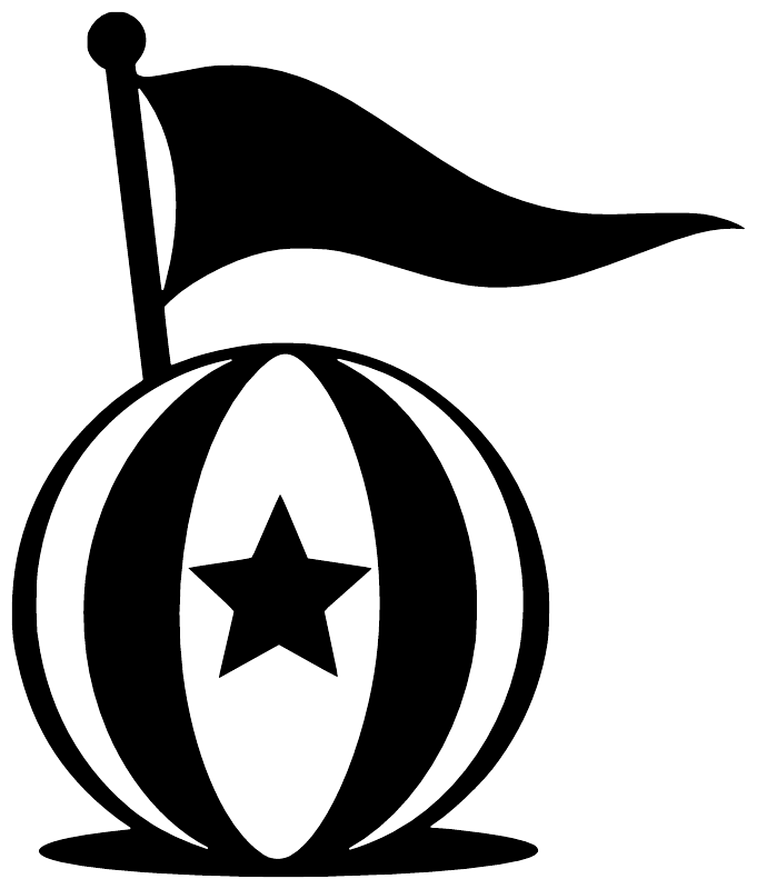 Circus ball and pennant vinyl decal, black flag over globe with star