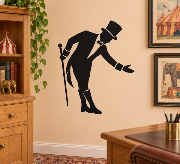 Black bowing ringmaster vinyl decal silhouette with top hat and cane