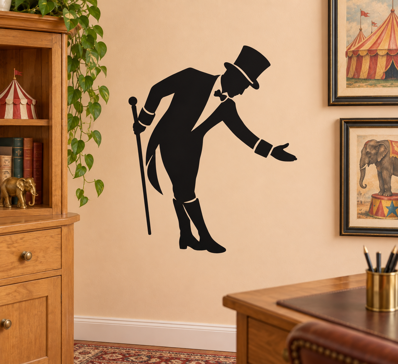 Black bowing ringmaster vinyl decal silhouette with top hat and cane
