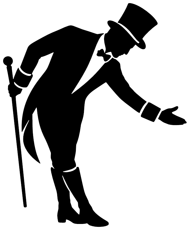 Black ringmaster bowing vinyl decal silhouette with top hat and cane, close-up