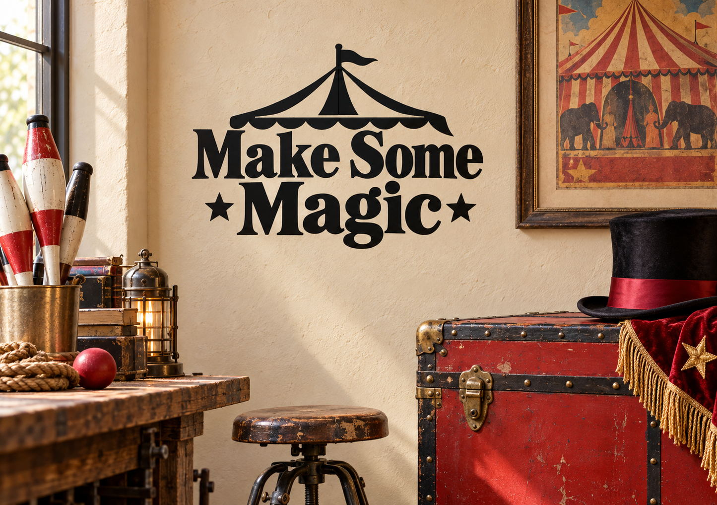 Vinyl wall decal: circus tent and 'Make Some Magic' lettering with stars