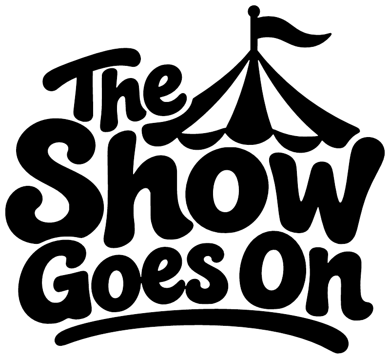 Close-up black vinyl decal reading “The Show Goes On” with circus tent icon