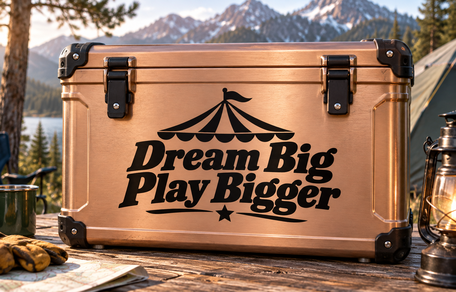 Bronze vinyl decal suitcase with black “Dream Big Play Bigger” text and circus tent icon