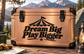 Bronze vinyl decal suitcase with black “Dream Big Play Bigger” text and circus tent icon