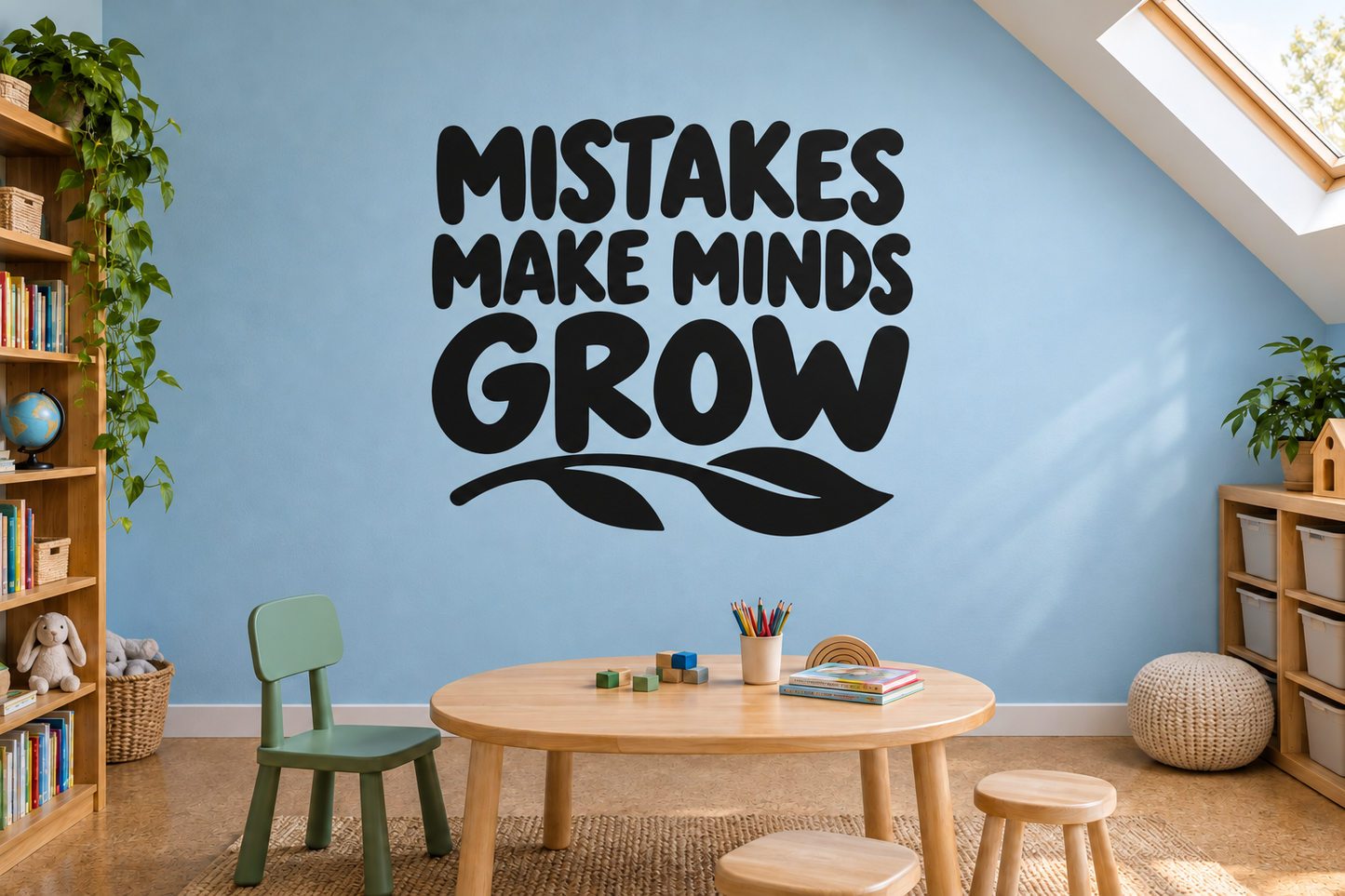 Wall vinyl decal with bold quote “MISTAKES MAKE MINDS GROW” and glasses motif
