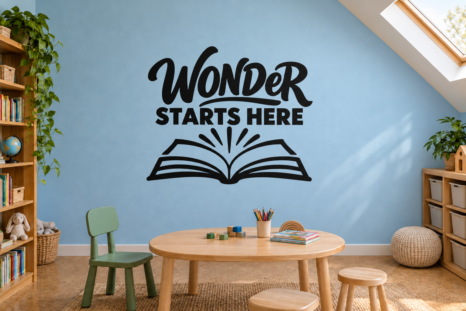 Black vinyl wall decal with “Wonder Starts Here” text and open book icon.