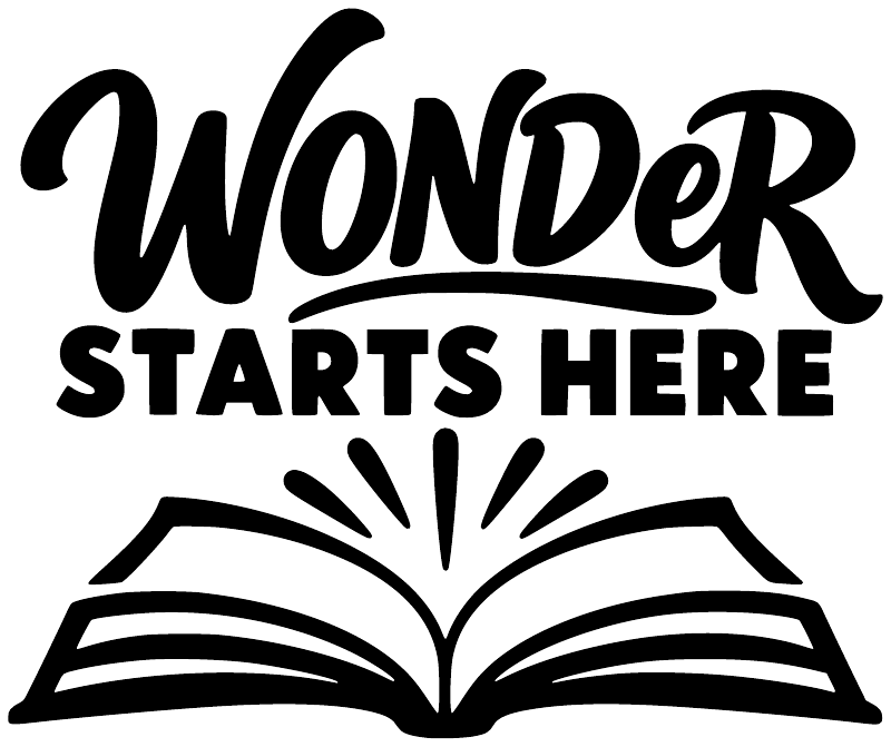 Large black vinyl decal reading “Wonder Starts Here” with open book graphic.