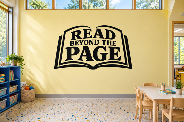 Black and white "Read Beyond the Page" vinyl wall decal with open-book icon