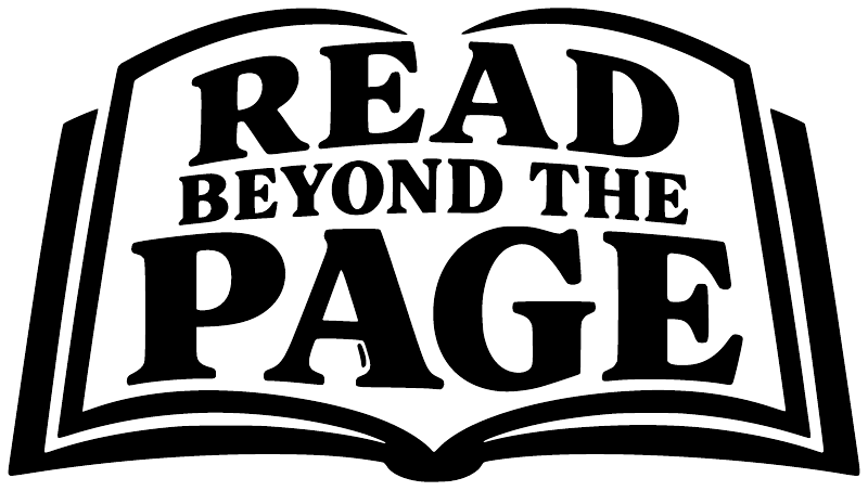Close-up of black "Read Beyond the Page" vinyl decal with open-book lettering