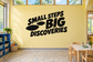Vinyl wall decal reading “Small Steps Big Discoveries” with footprint graphics