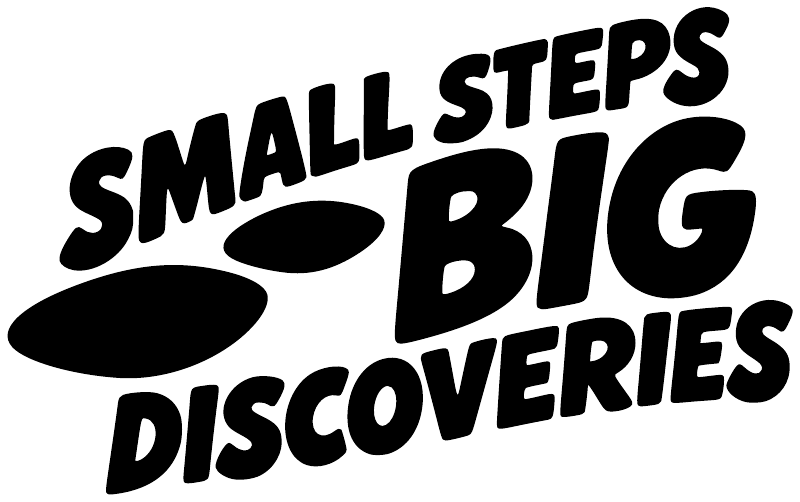 Vinyl wall decal close-up: “SMALL STEPS BIG DISCOVERIES” lettering with footprints