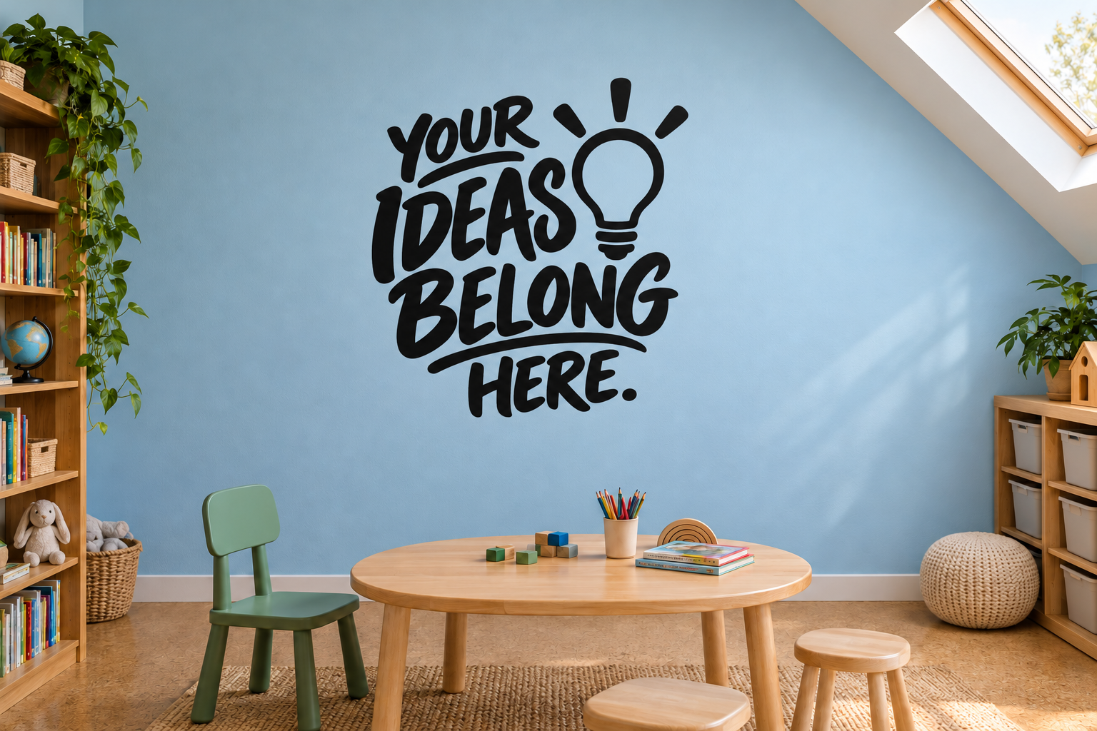 Vinyl wall decal with black text “YOUR IDEAS BELONG HERE” and lightbulb icon