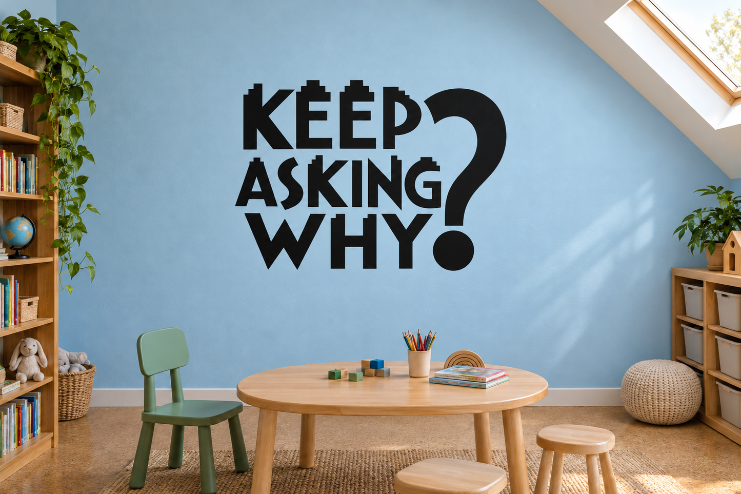 Vinyl wall decal: bold black KEEP ASKING WHY? quote for classrooms