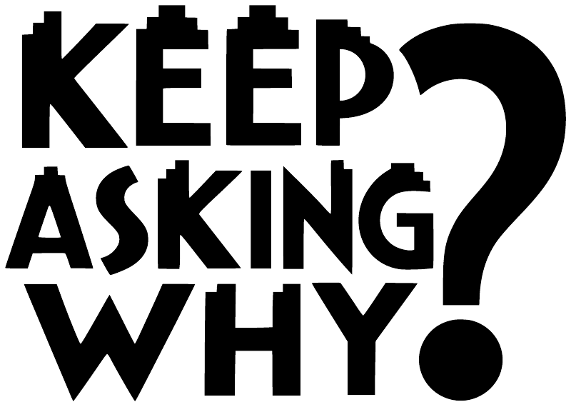 Vinyl wall decal close-up of bold black KEEP ASKING WHY? question-mark text
