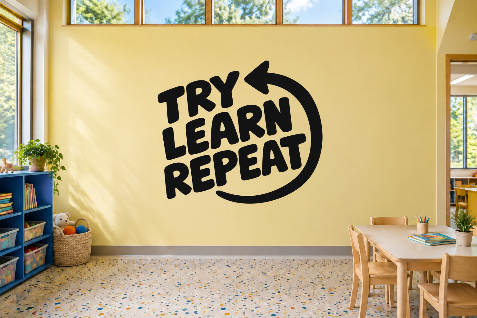 Black vinyl wall decal reading “Try Learn Repeat” with curved arrow
