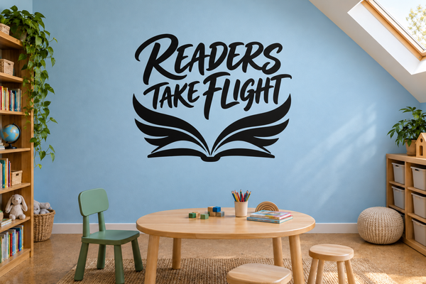 Black cursive quote vinyl wall decal with open book and wing accents