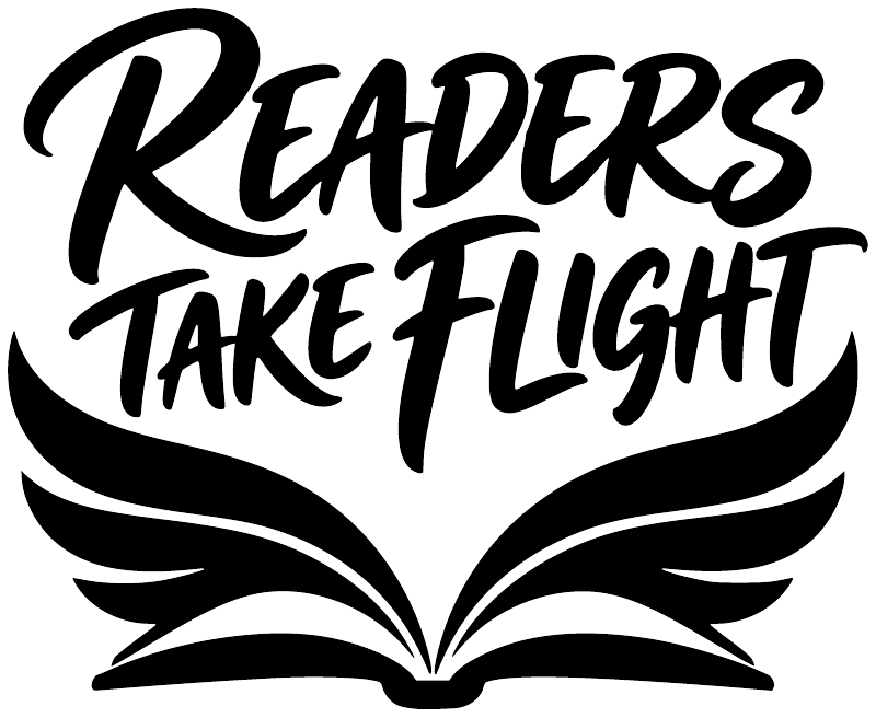 Black cursive "Readers Take Flight" vinyl wall decal with open book wings