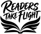 Black cursive "Readers Take Flight" vinyl wall decal with open book wings