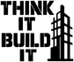 Black vinyl decal close-up: “THINK IT BUILD IT” with grid building