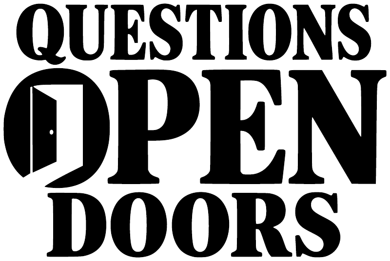 Large close-up of vinyl wall decal reading "QUESTIONS OPEN DOORS" in black.