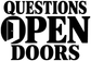Large close-up of vinyl wall decal reading "QUESTIONS OPEN DOORS" in black.
