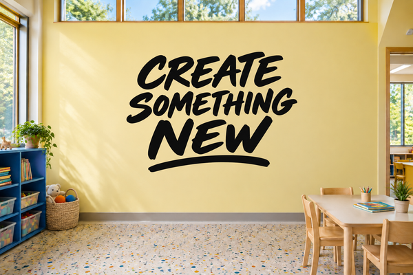 Classroom vinyl decal with black 'CREATE SOMETHING NEW' lettering