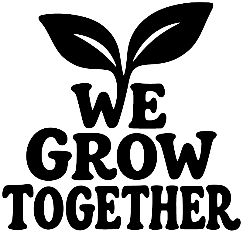Vinyl decal close-up: black sprout icon and bold “WE GROW TOGETHER” lettering