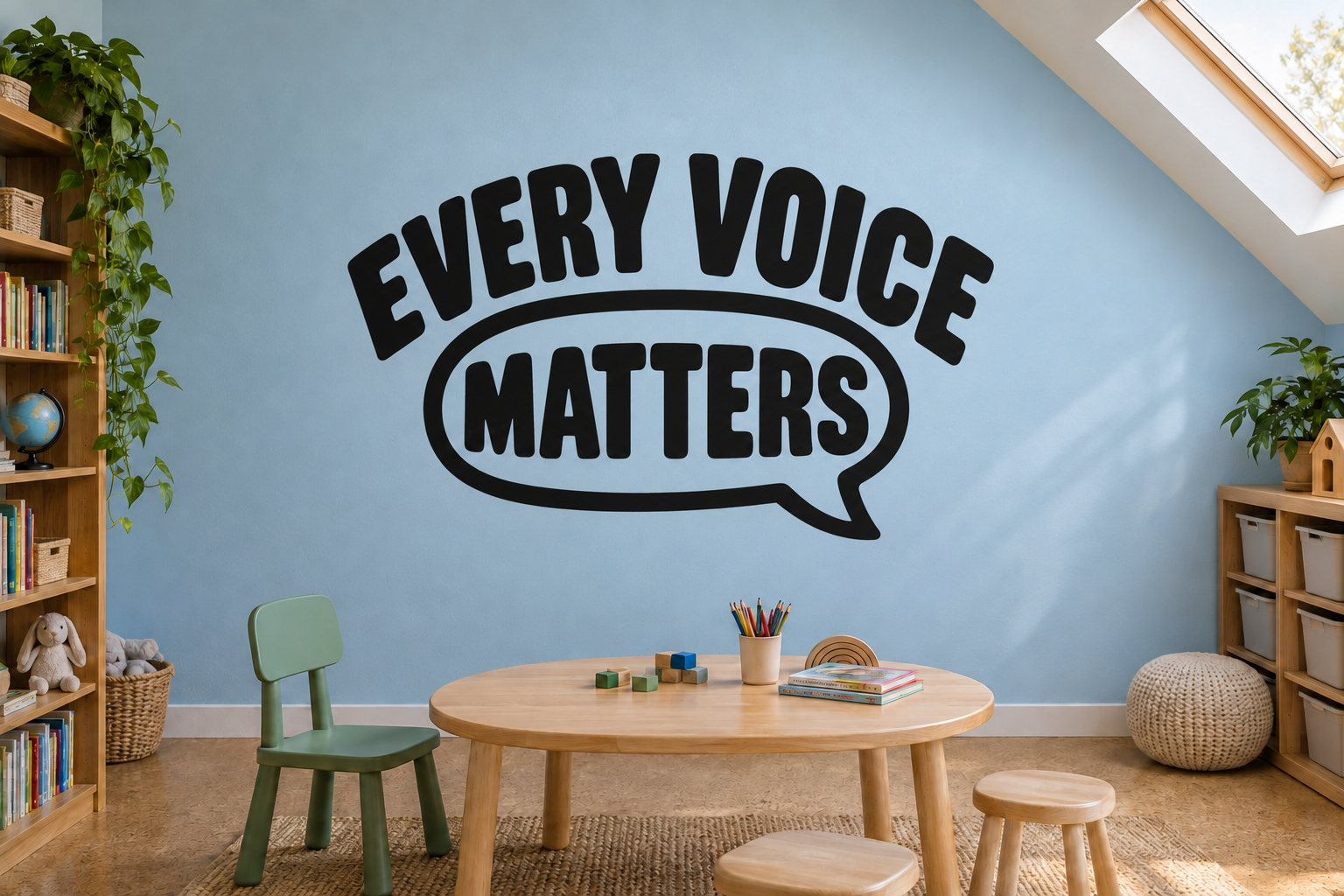 Vinyl decal with black speech-bubble text: “EVERY VOICE MATTERS”