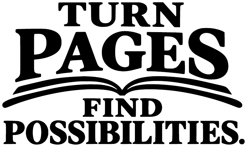 Close-up vinyl decal text: “TURN PAGES” over “FIND POSSIBILITIES” in black