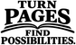 Close-up vinyl decal text: “TURN PAGES” over “FIND POSSIBILITIES” in black