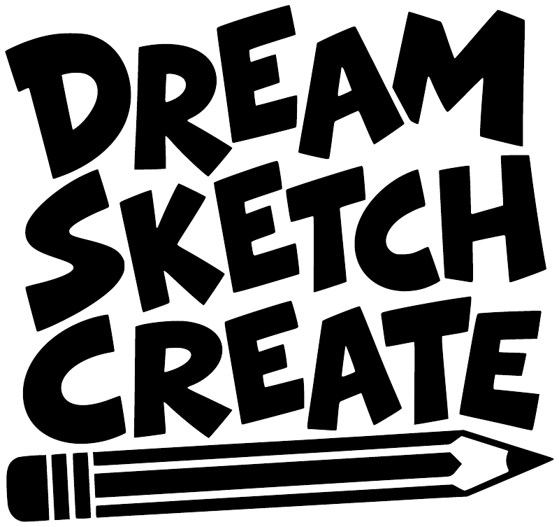 Close-up of black vinyl wall decal letter shapes reading 'DREAM SKETCH CREATE'