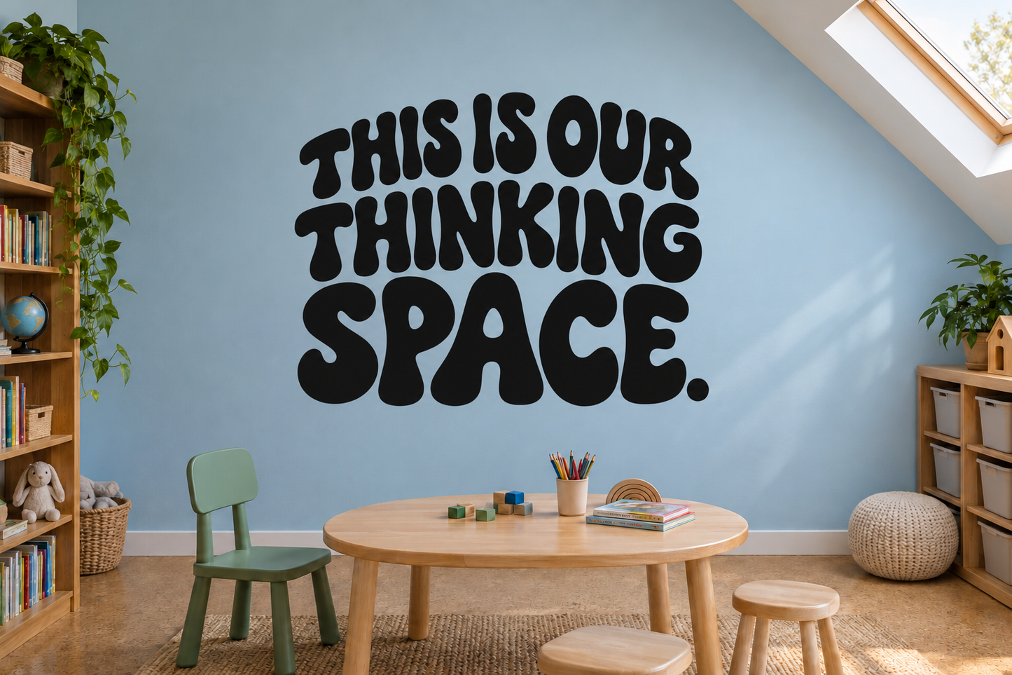 Vinyl decal with black quote text: “THIS IS OUR THINKING SPACE.”