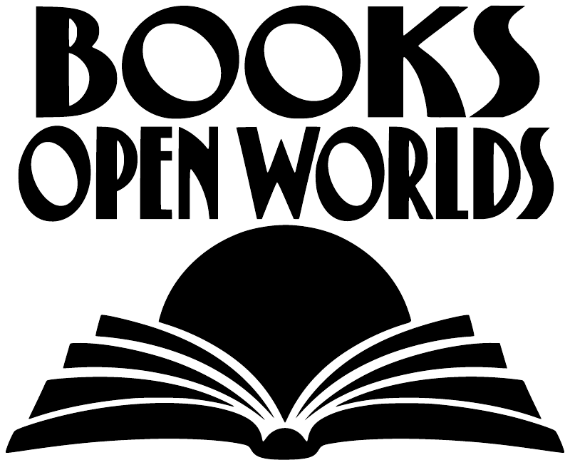 Books Open Worlds vinyl decal close-up with large black text and open book icon