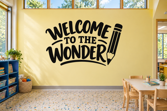 Welcome to the Wonder classroom vinyl wall decal with black outlined lettering and pencil icon