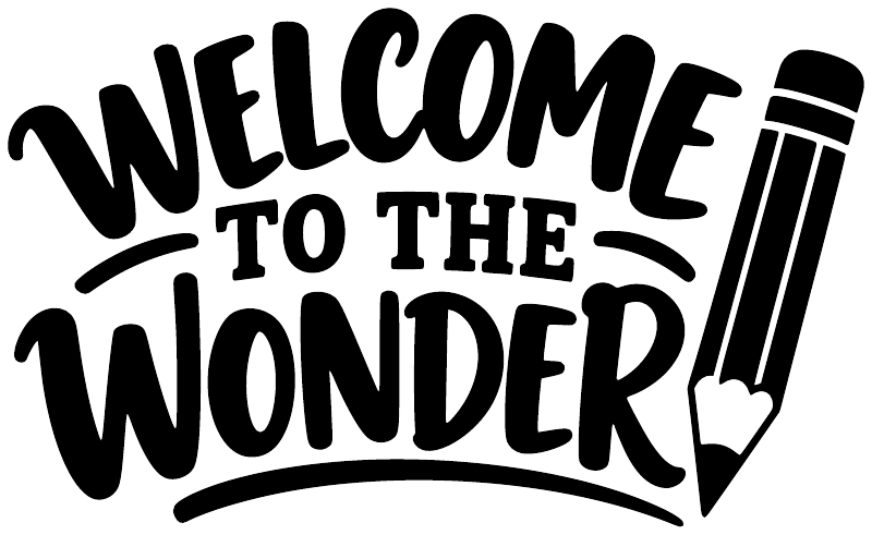 Close-up of “Welcome to the Wonder” vinyl wall decal text with pencil icon in black