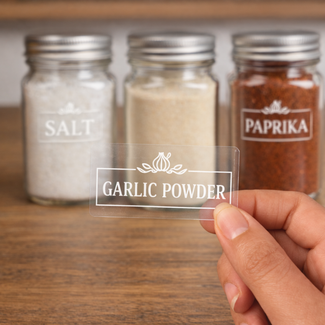 Clear label sticker with garlic powder text, transparent adhesive
