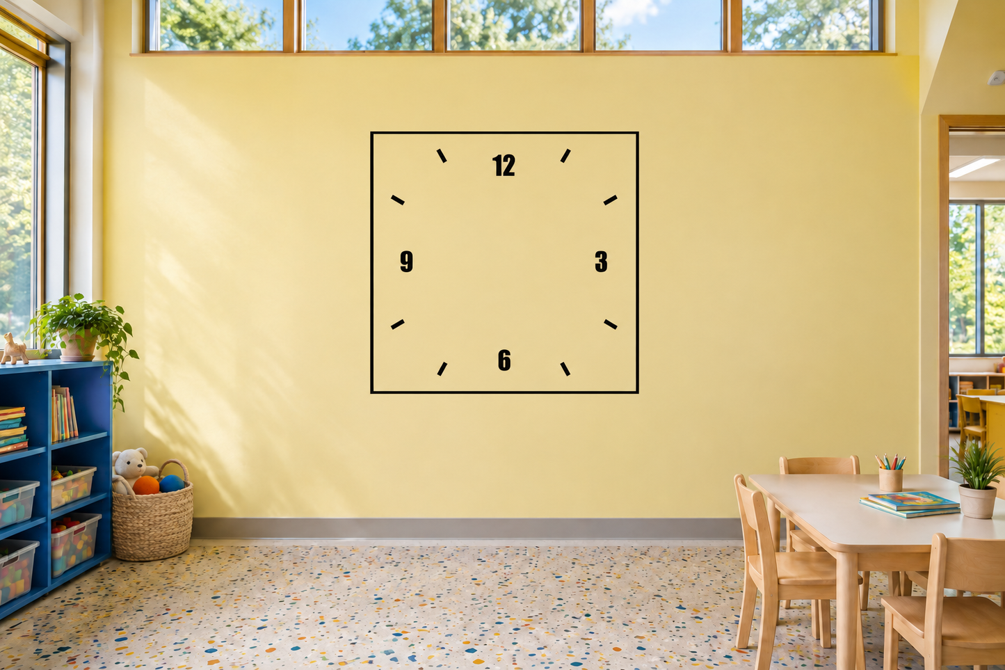 Square vinyl clockface decal with black numbers 12, 3, 6, 9 and short minute marks