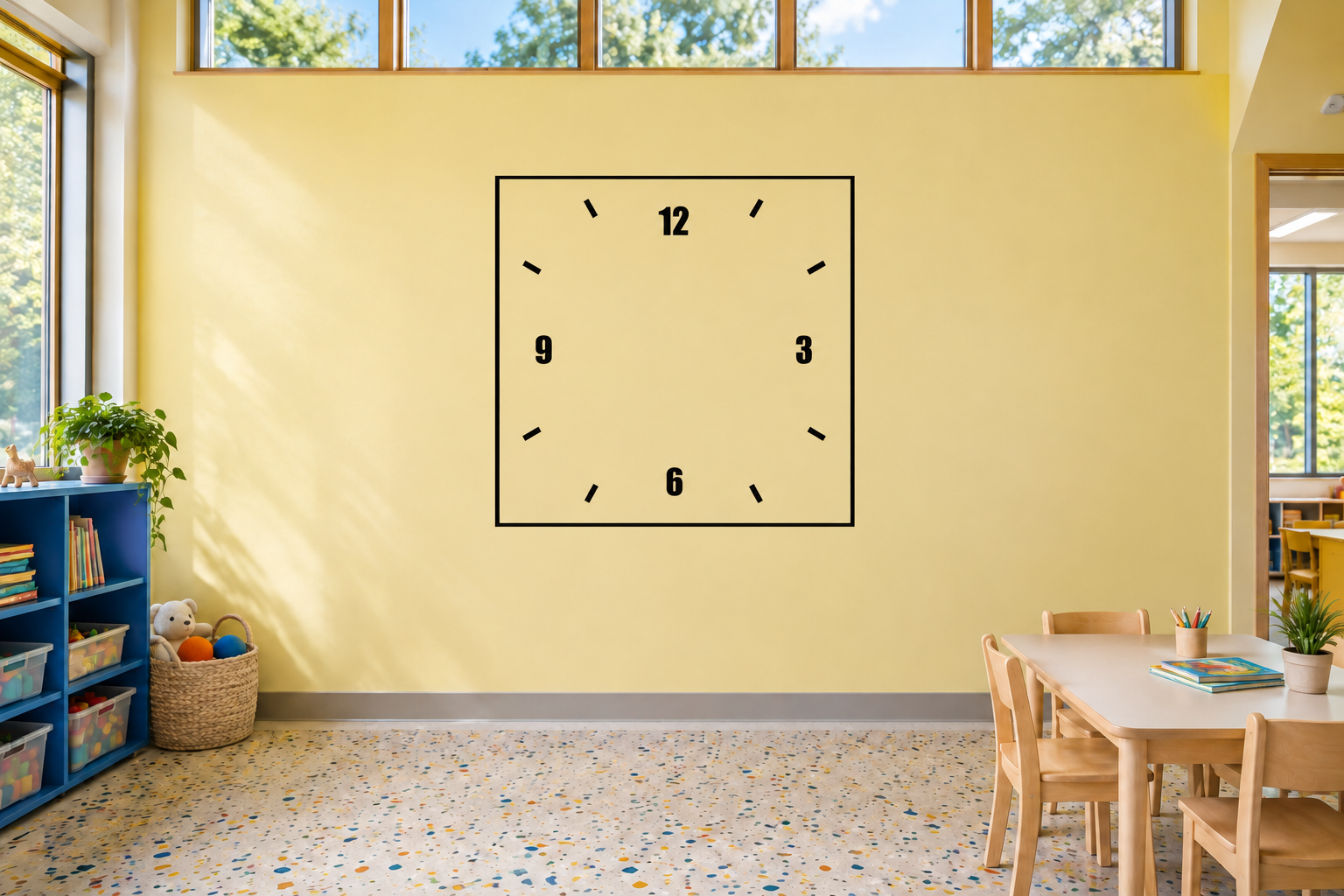 Square vinyl clockface decal with black numbers 12, 3, 6, 9 and short minute marks